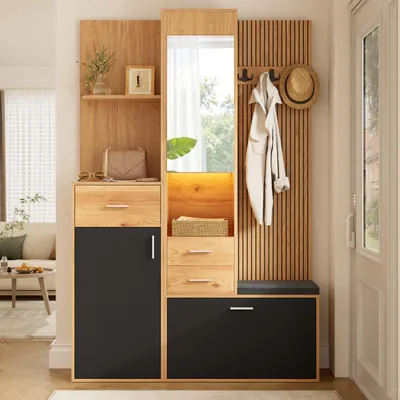 Image de Armoire d'entrée avec espace vestiaire, miroir, banc, éclairage LED, placard avec tiroirs, compartiment à chaussures rabattable, meuble d'entrée, noir et bois naturel