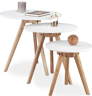 Produktbild von Relaxdays Beistelltisch 3er Set, Beine aus Walnussholz, weiße Tischplatte 50, 40, 32 cm, nordisches Design, weiß / natur