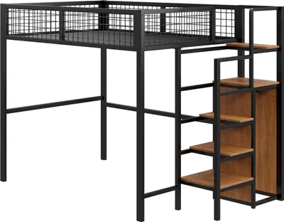 Produktbild von Hochbett 140*200 mit Leiter, Kinderbett mit Eisenrahmen und Aufbewahrungsregal, Kleiderschrank
