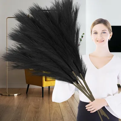 Image de Lot de décoration 7 pièces comprenant 100 cm d'herbe de la pampa artificielle, un grand bouquet artificiel XXL de fleurs séchées, décoration bohème pour mariages, salon, chambre à coucher (noir)