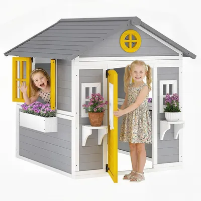 Produktbild von Outsunny Spielhaus Kinderspielhaus aus Holz mit Tür 6 Fenster 2 Blumenkästen
