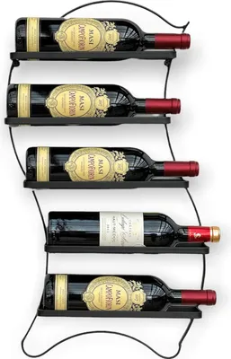 A black metal wine rack holding five bottles of wine against a white background.