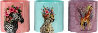Produktbild von FURNARO Übertopf-Set Savanna dreams 3-teilig aus Eisen mit Zebra, Gepard und Giraffe in Apricot, Mint und Lila Ø12,5x13cm