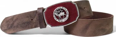 Produktbild von FRONHOFER Trachtengürtel mit rotem Loden eingelegter Gürtelschnalle und Hirsch Zierteil, echt Leder