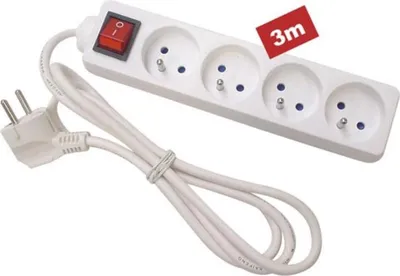 Image de Prise 4 Voies Avec Interrupteur - Câble 3 M - Blanc - Prise Française