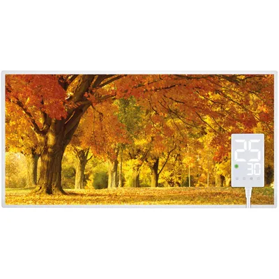 A digital image of a wall heater with a printed autumn scene.