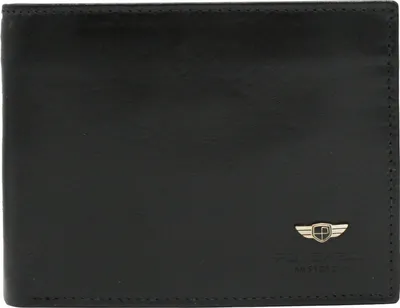 A black leather wallet is shown flat against a white background.