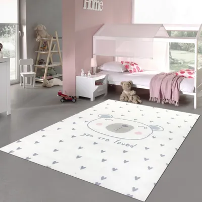 Obrázek produktu pro Koberec do dětského pokoje s měkkými srdíčky a roztomilým medvídkem - krémová velikost - 160 x 230 cm