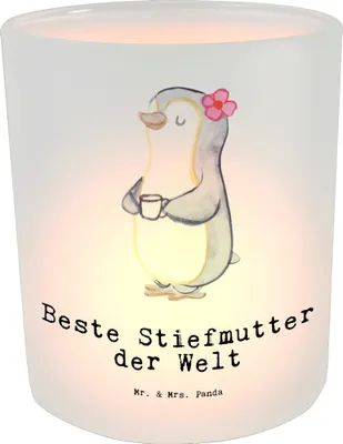 Produktbild von Mr. & Mrs. Panda Teelichthalter Pinguin Beste Stiefmutter der Welt - Transparent - Geschenk, Mama, glas kerzenhalter, laterne, Mutter, Windlicht aus, Outdoor, Muttertag