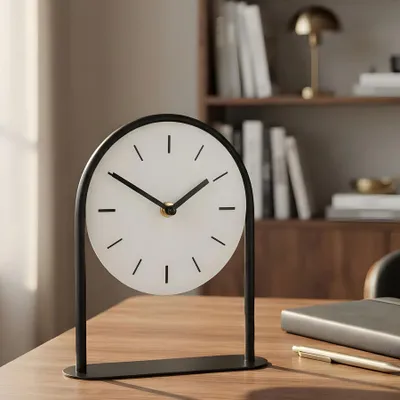 Produktbild von Tischuhr H22cm Schwarz Weiß Metall Vintage Retro Metalluhr Analog Standuhr Deko