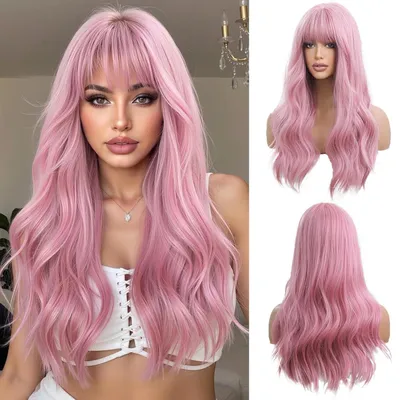 Produktbild von Lange Gewellte Rosa Perücke Damen Natürliche Synthetische Haare
