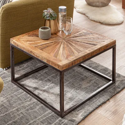 Produktbild von FineBuy Couchtisch Mango Massivholz quadratisch 55x55 cm · Wohnzimmertisch Sternmuster Tischplatte Massivholztisch mit Metallgestell Industrial Design