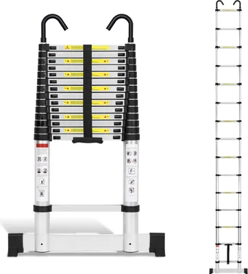 Zdjęcie produktu dla Profesjonalna drabina teleskopowa Bettizia 4.4M srebrne aluminium udźwig 150kg drabina wielofunkcyjna antypoślizgowe gumowe stopki ze stabilizatorem i zdejmowanymi hakami