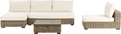 Produktbild von BELIANI Lounge Set Grau Rattan 4-Sitzer Rechtsseitig mit Auflagen Cremeweiß Tisch und Lounger Boho Gartenausstattung Terrasse Outdoor