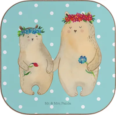 Produktbild von Mr. & Mrs. Panda Tischuntersetzer Bären mit Blumenkranz - Türkis Pastell - Geschenk, gläseruntersetzer, Vorbild, Untersetzer Glas, Family, Muttertag, Holzuntersetzer, Bär