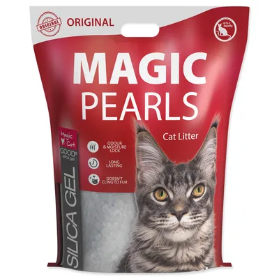 A bag of Magic Pearls cat litter with a cat's face on it.