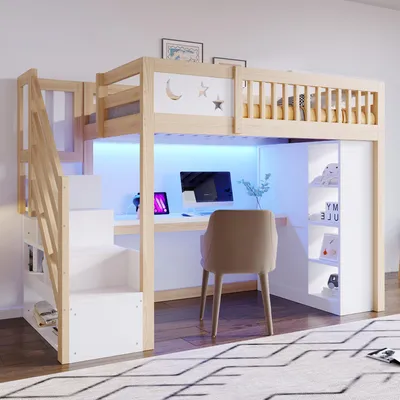 Immagine prodotto di Letto a castello 90 x 200 cm con scala, letto per bambini con scrivania, luce LED e presa di corrente, letto a soppalco con armadio e scaffale, colore naturale e bianco, in legno