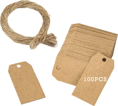 Image de Étiquettes cadeau Kraft, 100 PCS étiquettes papier, étiquettes vierges de mariage avec 20 mètres de fil de jute, rectangulaires