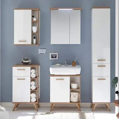 Produktbild von Badezimmer Möbel-Set MALANJE-66 Badmöbel Komplett-Set in weiß glänzend & Riviera Eiche quer Nb. - B/H/T: 176,5x200x33cm