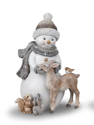 Produktbild von Deko Schneemann Figur mit Vogel Reh Hirsch Hase Eichhörnchen Skulptur Objekt