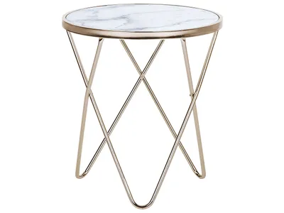 Produktbild von BELIANI Beistelltisch Weiß Gold Sicherheitsglas Metall 50 x 55 cm V förmigen Füße Couchtisch Glänzend Marmor Optik Rund Modern