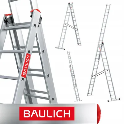 Zdjęcie produktu dla Baulich | Drabina aluminiowa – 3-częściowa – 16 szczebli – maks. obciążenie 150 kg – drabina wielofunkcyjna – wysokość robocza 10,83 m