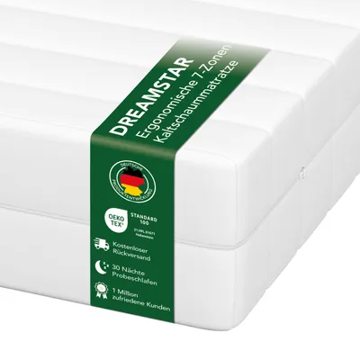 Produktbild von Ergonomische 7-Zonen Kaltschaummatratze | 90 x 200 cm | 21cm | H2 & H3 | DREAMSTAR Easy Flex