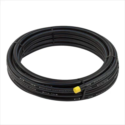 A coiled black pipe with a yellow cap on one end, isolated on a white background.