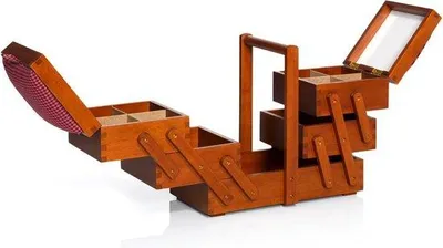 Produktbild von Famanu Nähkasten Dunkles Holz - Groß - 36 x 19 x 30 cm - Mit Stoffbezug