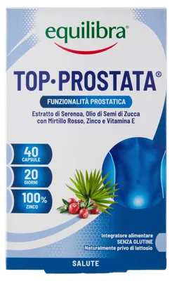 Produktbild von equilibra TOP PROSTATA Nahrungsergänzungsmittel mit Zink, Vitamin E, Serenoa repens, Cranberry und Kürbiskernöl für die Prostata, 40 Kapseln