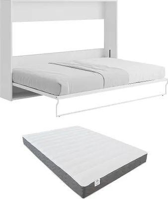 Produktbild von Versteckbett 140 x 200 cm - Manuelle horizontale Öffnung - Weiß und grau + Matratze - MALINA II