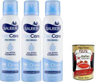 Produktbild von Sauber Deodorante Deocare Spray, Deodorant Deocare Spray, empfindliche Haut 3x150 ml+ Italian Gourmet polpa 400g