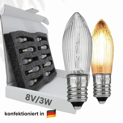 Produktbild von 10x Stück E10 8V/3W Ersatzlampe für Schwibbogen, Lichtketten u.ä., 1800 K warmleuchtend, dimmbar