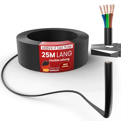 Immagine prodotto di Cavo flessibile H05VV-F, sezione 5G0,75, lunghezza 25 metri, colore nero, per uso come cavo di alimentazione di apparecchiature