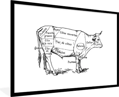 Produktbild von MuchoWow® MuchoWow® Gerahmtes Poster Antike Illustration, die das Schema des Metzgers für eine Kuh zeigt 90x60 cm - Poster mit zchwarzem Bilderrahmen - Wanddekoration - Fotos