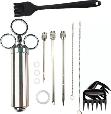 Produktbild von Edelstahl Marinadenspritze Set,60ml Gewürzinjektor mit 3 Nadeln, Grillpinsel und Fleischkrallen,Fleischinjektor Set mit spülmaschinenfest