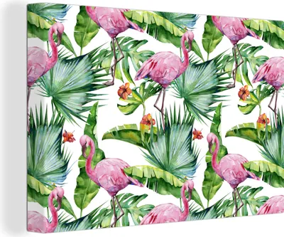 Produktbild von OneMillionCanvasses® - Leinwandbilder - 150x100 cm, Blätter - Flamingo - Blumen - Dschungel, Wandbilder Kunstdruck Wanddekoration - Foto auf Leinwand - Gemälde auf Holzrahmen
