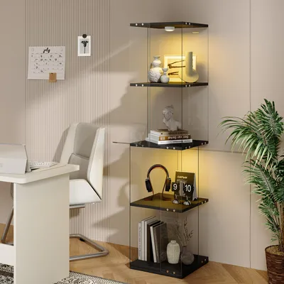 Obrázok produktu pre REMZETTA Otočné vitríny o 360° s LED osvetlením, 38 x 38 x 160 cm, sklenené vitríny s 3 policami a priehľadnými bočnicami, vitríny pre zbierky figúrok a dekorácií, čierna farba