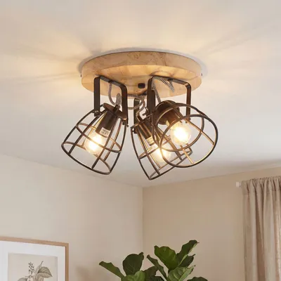 Immagine prodotto di Lampada da soffitto rotonda a 3 luci E14 con paralume metallico in legno faretto da soffitto spot