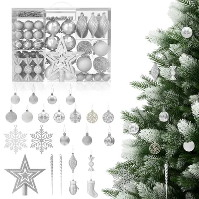 Produktbild von YZNAHRE Weihnachtskugeln Silber 138er Set Christbaumschmuck Weihnachtsdeko Plastik inkl. Christbaumkugeln, Stern, Schneeflocke Weihnachtsdekoration Weihnachtsschmuck