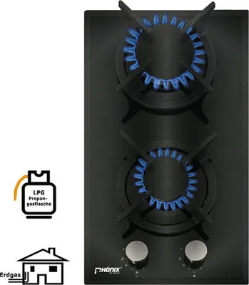 Produktbild von Phönix Domino Gaskochfeld Glas Kochfeld Gaskocher 2 flammig Autark Propan-/ Edrgas