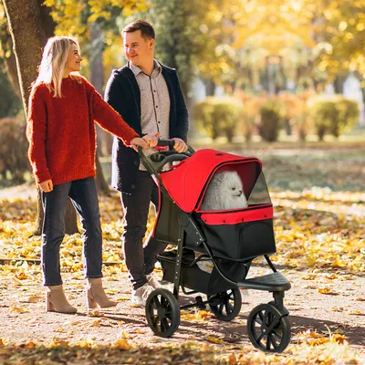 Produktbild von Hundebuggy klappbar bis 10 kg, Hundewagen 3 Räder, Stahl 600D Oxford, Rot | 109,5 x 57,5 x 106,5 cm | 9,1 kg | Sicherheitsleine + Bremse