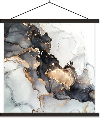 Produktbild von MuchoWow® Textilposter Marmor - Schwarz - Weiß - Gold - Luxus - Abstrakt 120x120 cm mit schwarzem Rahmen - Aufhängungsset
