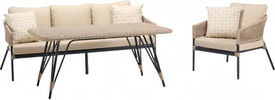 Zdjęcie produktu dla Zestaw sof Sofa 3-osobowa Nowoczesny fotel Stolik kawowy Beżowy Rattan