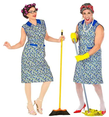 Produktbild von Putzfrau Kostüm für Erwachsene - Blumenkittel Blau | Hausfrau Oma Verkleidung Größe: S/M