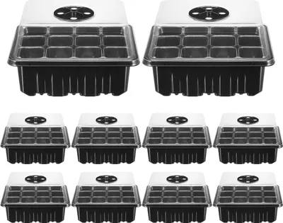 Produktbild von 10er-Pack Anzuchtschalen mit 12 Zellen, Feuchtigkeitsregulierung, transparenten Kuppeln und Bodenschalen für die Anzucht und Keimung von Gartenpflanzen.