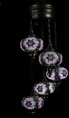 Produktbild von Türkische Hängelampe - Mosaik - Marokkanische Lampe - Handgefertigte Kronleuchter - Lila - 5 Glaskugeln