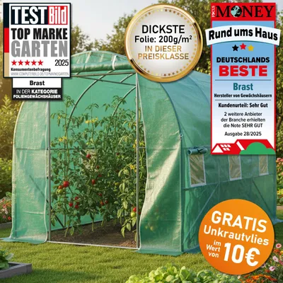 Produktbild von BRAST Gewächshaus Foliengewächshaus mit Stahlfundament | 2x3m | inkl. Erdanker Unkrautvlies & 6 Aufrollbare Fenster mit Moskitonetz | UV-stabilisierte Gitterschutzfolie 200g/m²