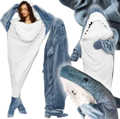 Zdjęcie produktu dla Koc rekin piżama śpiwór strój kocobluza kostium 208 cm szary shark bal xxl