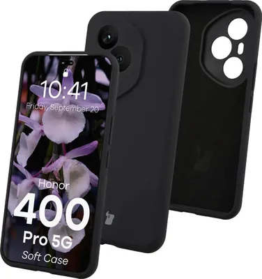 A black silicone phone case is shown with a phone inside it, displaying a floral wallpaper. Another case is shown from the back.